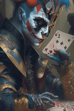 A harlequin character, playing cards with other people , sf, intricate artwork masterpiece, ominous, matte painting movie poster, golden ratio, trending on cgsociety, intricate, epic, trending on artstation, by artgerm, h. r. giger and beksinski, highly detailed, vibrant, production cinematic character render, ultra high quality model