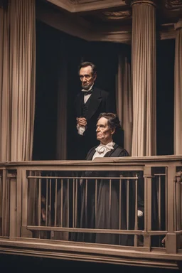 llustrate the presidential box on the balcony level, portraying Abraham Lincoln, his wife, and their guests as they enjoy the play. Highlight the vulnerability of Lincoln without proper security, setting the stage for the impending tragedy