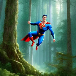 jim carey as superman flying through forest, 4k, Highly Detailed, perfect eyes, Digital Illustration, Cinematic Lighting, Realistic, Sharp Focus, Centered, Beautifully Lit, Bioluminescent by Stanley Artgerm Lau