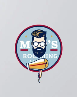 A round logo for a men's grooming salon with a groom vector at the top of the logo and a hair dryer vector logo at the bottom in a blue, red, white, and gold color theme.