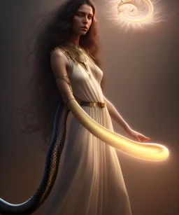 Holy Virgin, celestial light, beautiful, long fabric dress, beautiful long black hair to the waist, big snake resting on shoulders, grabbing snake, head and shoulders portrait, 8k resolution concept art portrait by Greg Rutkowski, Unreal Engine 5 volumetric lighting