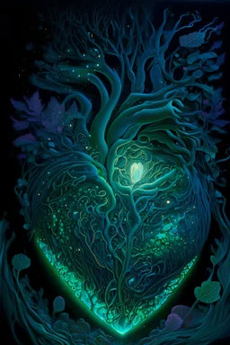 An image that expresses the essence of the heart.Ultra detailed illustration of a magical world of wonders, glowy, bioluminescent flora, incredibly detailed, pastel colors, handpainted strokes, visible strokes, oil paint, art by Mschiffer, night.Ultra detailed shot of a dark sculpture made out of emerald obsidian and dark matter, incredible sculpture of a unique creature, Ultra detailed shot of a dark sculpture made out of amethyst obsidian and dark matter, sitting pose, surrounded by mysterious