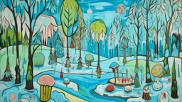 A pale sky blue winter wonderland made out of ice cream and popsicles painted by Paul Gauguin
