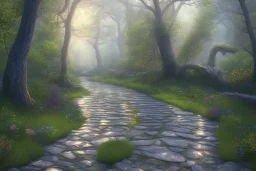  winding stone path lit river