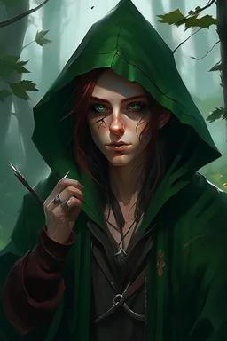 Portrait of gender neutral rogue elf, hooded maroon hair, bright green eyes, brown skin, messy, disheveled, assassin, smoking cigarette, bow and arrow, black leather clothes, hiding, trees