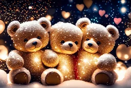 cute teddy bears holding hearts covered in sparkling gold glitter, beautiful winter composition, snowflakes, pine branches, Christmas ornaments and glowing Christmas lights