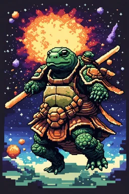 A turtle samurai in the space with a supernova exploded behind, 8bits, pixel art,