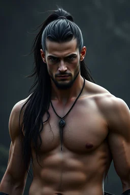 Shirtless Handsome alpha warrior with long dark hair pulled back in a pony tail. photorealistic. 4k. Dark Fantasy