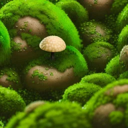 microphotography mushroom growing in a mossy dense lush green woods, high definition, detail, HD, 8k, realistic, 3d rendering, blender, photography, fisheye, bulge, tilt shift blur