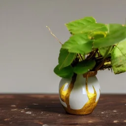 artistic photo of a tiny cracked ceramic vase repaired with gold, kintsugi, garden setting, beautiful landscape photography, beautiful, vines and leaves, delicate, cinematic, high detail, beautiful composition, delicate arrangement, aesthetic, soft lighting, award winning photography, tender