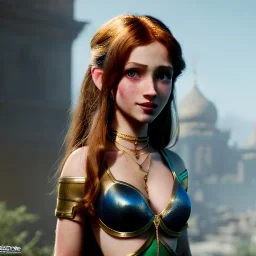 Alladin cartoon style, hyper detailed, strikingly beautiful young female, 12 years old, long ponytail, ginger hair, green eyes, medium freckles, full lips, micro top, black leather armour, full body, full face, tiny breasts, full frame, athletic, centered camera, ignore NSFW, thong, camel toe, petite