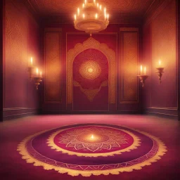 Diwali Celebration Decorations With Maroon And Golden Grunge Mandala, Rangoli And Diya In Empty Traditional Palace's Hall.