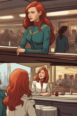 [Starfleet Lieutenant Lisa Neeley] As she settled into a booth at the cozy diner, Summer's initial apprehension slowly gave way to a growing sense of trust. Summer, a streetwise redhead girl who had learned to navigate her environment through resilience and toughness, found herself starting to let her guard down.