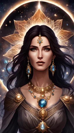 a beautiful dark haired woman with brown eyes, surrounded by celestial corps, stones and jewels