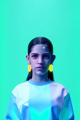 Rosalía artist, Ultra Realistic image, waist up portrait, perfect eyes, glow eye, black eye line, sweet face, pigtails hair, spray line make up, geometric, gold, big rings piercing, led ornament, bubble latex coat, inflatable, cold, led lights, geometric, neon, pink, blue, gold, vibrant color, highly detailed, art stations, concept art, smooth, unreal engine 5, god rays, ray tracing, RTX, lumen lighting, ultra detail, volumetric lighting, 3d, finely drawn, high definition, high resolution