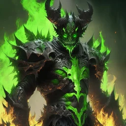Demonio en armadura verde y negro, cubierto de fuego verde