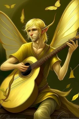 fee, männlich, libellen flügeln, hellblondes Haar, mittelalterliche Laute spielend, lange spitze Ohren, goldene Augen