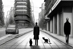 one single mature cat walking on the street, thoughtful, mourning, model style, hyper realistic, extremely accurate, delicate, extremely detailed, Graphic novel style, wide-angle, open aperture, superfine pencil