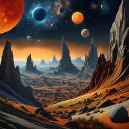 An incredibly peaceful detailed landscape, Max Ernst, one-line drawing, Haji Widayat, rock formations, planets and stars, primordial nature, sun, strong texture, extreme detail, intricate, strong colours, high resolution, volumetric light, 8k, 3d, cinematic, rich moody colors, sparkles, 55mm photography, 8k, sharp focus, volumetric light