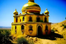 A yellow and golden yellow Arabian palace in a hilly desert designed in Matryoshka dolls painted by Max Ernst