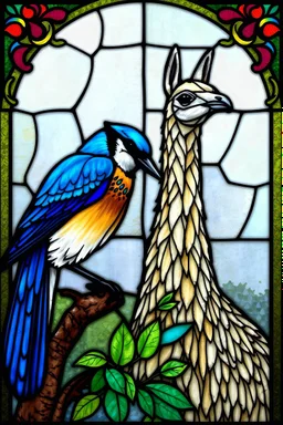 vitrail d'un geai bleu et d'un lama d'après mucha