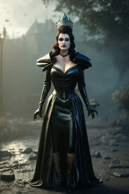 lisa ann as evil queen in black leather gown, cleavage, angry, stern look, unreal 5, octane render,cinema4d, dynamic lighting, dramatic lighting, 4k, redshift render, highly detailed, hyper realistic