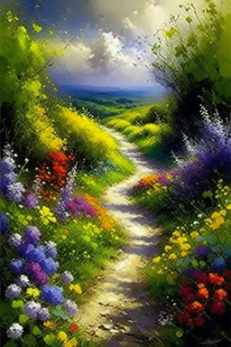 Oil painting expresses a road full of beautiful flowers and around this road thick thorns oil painting