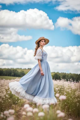 fullbody girl makeup wearing a victorian dress walking in country side ,flowers ,pretty clouds in blue sky