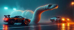 hyper olympic, race cars soccer mom horrible space slinky boa slug in the style of giger, in fog and spectacular spark rain