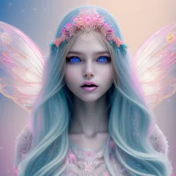 beautiful, soft, big smile face, whole head, long straight blonde hair blues eyes, crown on the head, clothing in transparent bluish and pink veil,fairy wings on the back, background brillante bluish and pink, hight definition, 8K