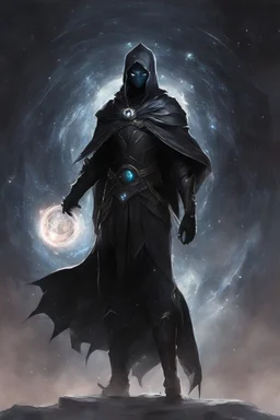 character design, concept art, god of black hole, space void black hole god entity, black void body, glowing eyes, cape of stars, black hole character design