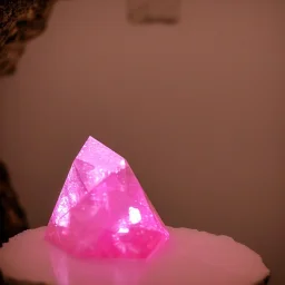 single pink crystal, on an altar in a foggy cave