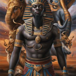 Create an image reflecting the African depiction of God, in Egyptian way, drawing inspiration from various African cultures and beliefs. This portrayal may include elements such as a majestic figure with dark skin, adorned in traditional African attire or regalia symbolizing power and authority. Incorporate significant symbols such as tribal markings, sacred animals like lions or elephants, and motifs representing creation, wisdom, and spirituality. The background could feature a sweeping Africa