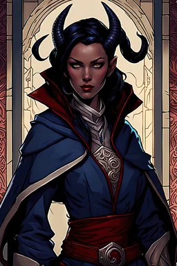 female tiefling rogue with shoulder length dark hair and red skin colour. The dark hair contrasted and complimented her soft facial features. She had a fashionable yet practical jacket of a midnight blue overtop a silver steel chest plate and underneath it all a modern cut of mage robes the color of cream with ornate blue edging.