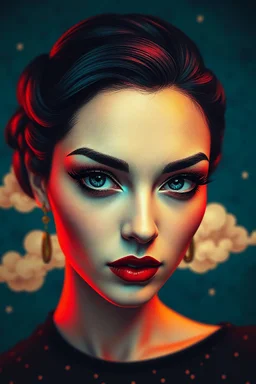 minimalism, close up portrait, pinup woman, deep rich colors, op art, math art by [Ray Caesar | RossDraws | Andy Kehoe | Hokusai | Alberto Seveso | Wadim Kashin], [deep blue green foil | gold foil | deep red glow] dotted clouds rim light, inner glow, volumetric light 3d [Marmorino Veneziano stucco | Art Deco | minimalism | Hokusai [The Great Wave off Kanagawa]], Watercolor, trending on artstation, sharp focus, studio photo, intricate details, highly detailed, by greg rutkowski