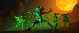 A space elf cowboy named Dave started doing the splits, Blew a fuse in his hips and short-circuited his bits, The Martian fluffy gremlins went wild, the Plutonians dogs screamed, Even black-and-white aliens turned ultraviolet green! in the style of fallout 4 and HR Giger, background motion blur , and volume fog spot lights