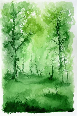 from mathematical light to living forest; ink wash in several shades of green