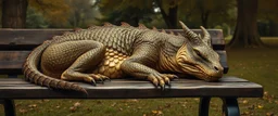 master oil painting by Rembrandt, close up portrait of flat dragon person sleeping on a bench in the park