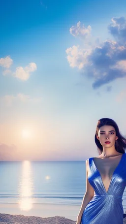 very nice real face beautiful sexy roman with make up at the beach standing pose in a short lace dark blue and silver dress, full body, 3D coudy sky volumetric nice clouds 8k sharp focus