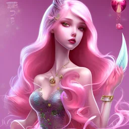 Full body, beautiful, pink mermaid princess, long pink hair in pigtails, eyes colored pink, pink eyeshadow, glossy pink lips