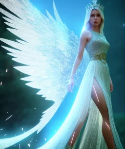 A crystalised queen, atmospheric, realistic, unreal engine, cinematic lighting, octane render, transparent long dress, blonde, full body, wings