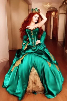 Busty princess full body with long auburn hair green eyes wearing a big dark teal green and gold satin ballgown corset off shoulder top at night