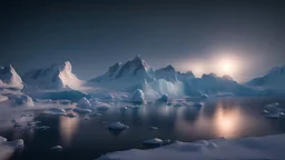 antarctica at night,glaciers,lakeside,8k, volumetric lighting, Dramatic scene,