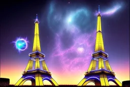 Eiffel tower but bigger and made from diamonds . nebula in sky . flying cars passing by.