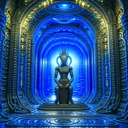 dorment ancient godlike chat robot in the style of giger, in front of teleporter portal to the sea in an underground grove, in the style of dali, 8k, down-light, soft light, depth of field, photo realism, trending on art station, high detail