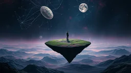 one alone human stands on deep dark colors little floating island. the island with alone human floatings over some four colors landscape . normal neurotipical lifes contrast the weird inner world with neurodivergens soul and mind,, Whimsical strange style of Chagall, of Bosch of giger and Anton Semenov. weird absurd beauty nightmare, in background neuronic network and landscape with cites and with many little humans on eart, Whimsical surreal vibe, cinematic