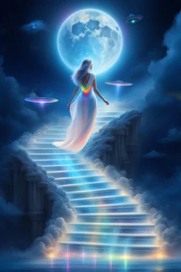 fantastic,Beautiful woman, stairway to heaven whit rainbow, ufos futuriste tres beau