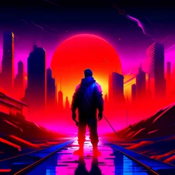 final day, apocalypse in earth, synthwave pistures style, with neon lights and the sun far away