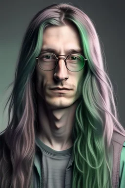 Alien male, with unnatural colored long hair. Soft style with glasses