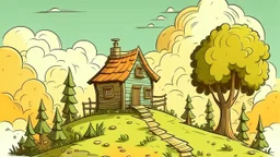 Cartoon style: far far away on the horizon between trees, a very small wooden house